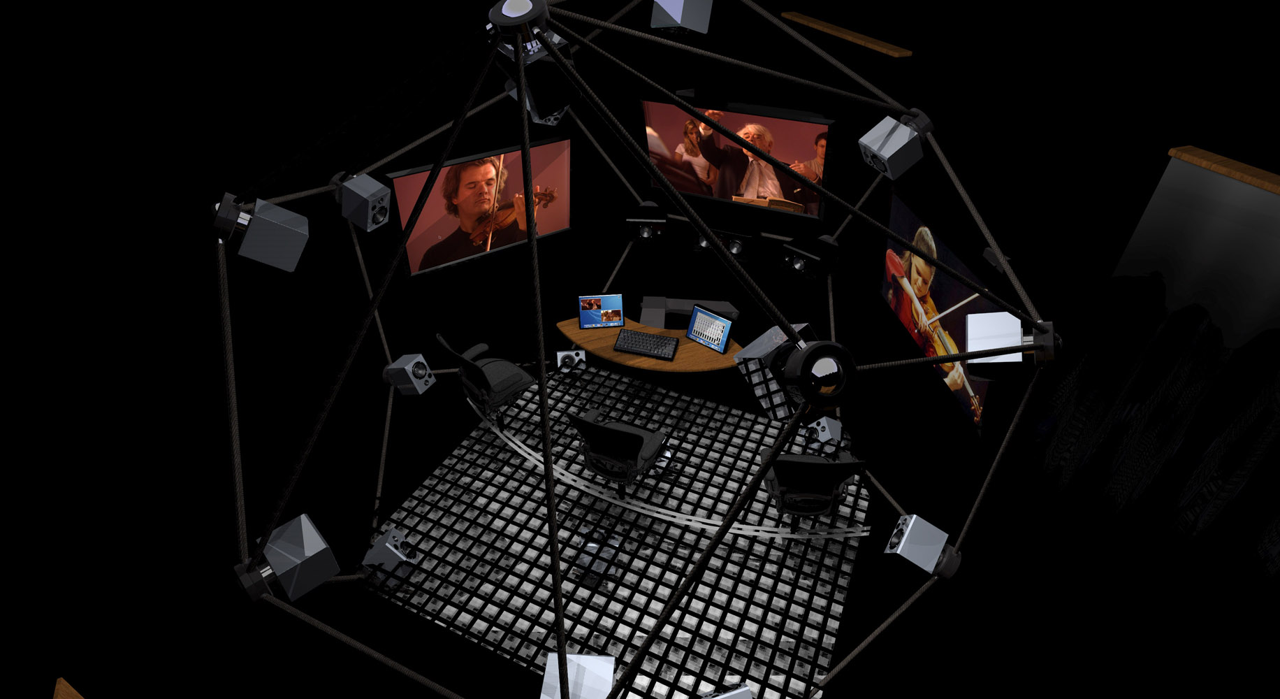 High-angle view of the Replay Environments room, showing the circular speaker structure and central listening area