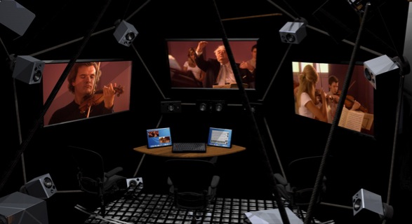 Interior perspective of the Replay Environments concept, with screens, loudspeakers and a central control desk