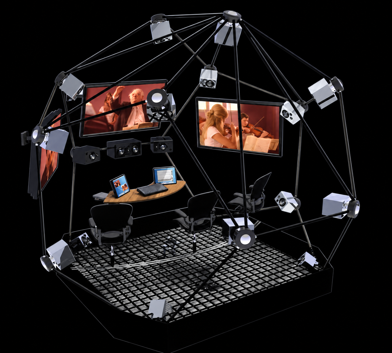Overall Replay Environments concept rendering, showing the listening positions, screens and loudspeaker structure against a black background